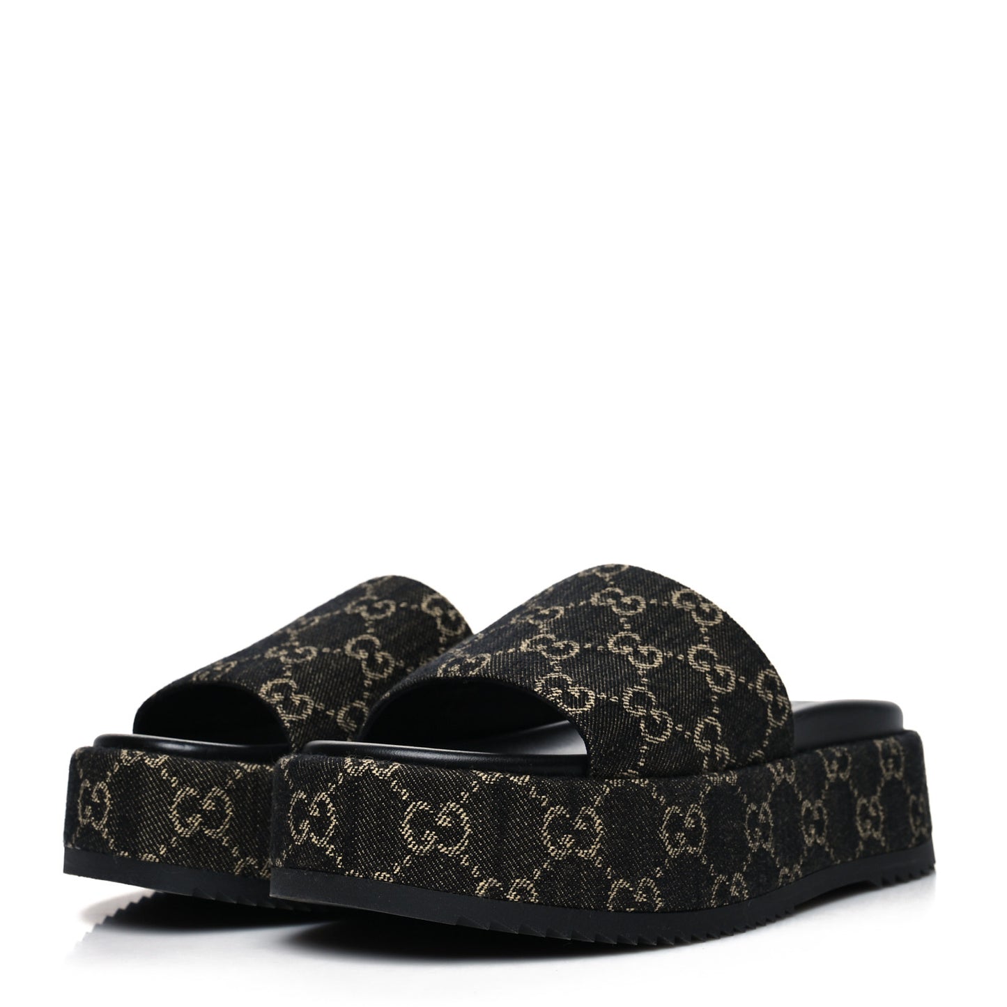 Jacquard Black Denim GG Monogram Angelina Platform 55mm Slide Sandals 38.5 Black Ivory