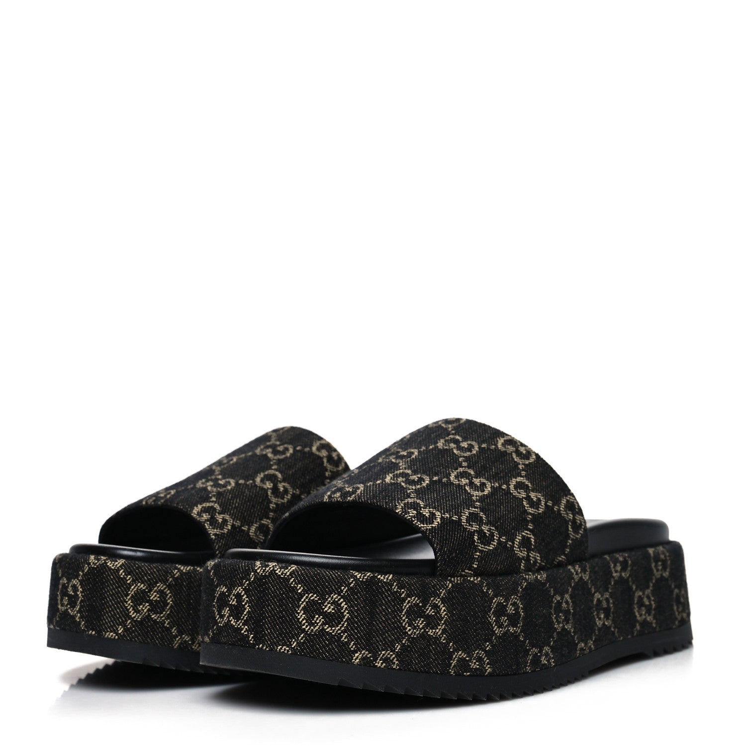 Gucci Jacquard Black Denim GG Monogram Angelina Platform 55mm Slide Sandals 38.5 Black Ivory 3 of 8