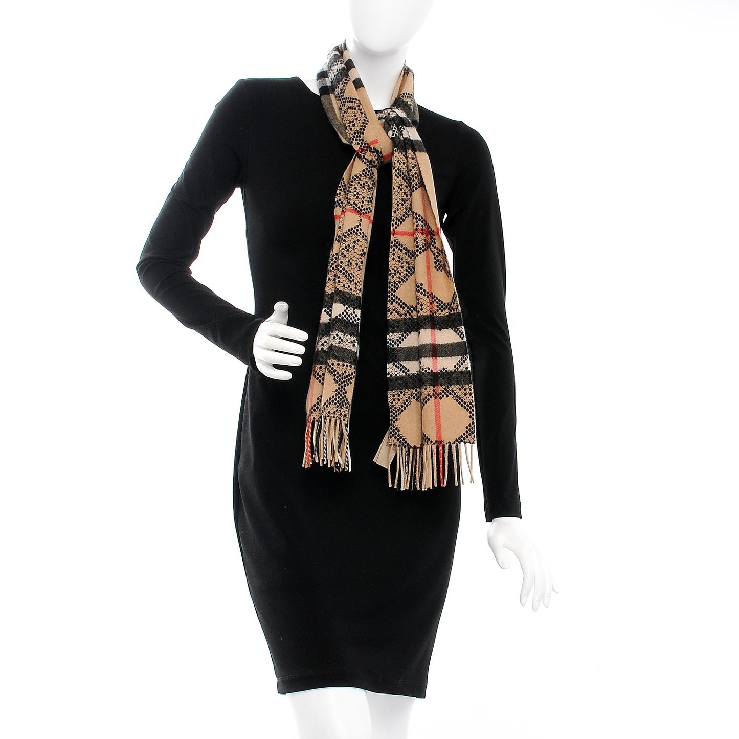 Cashmere Giant Python Check Fringe Scarf Camel
