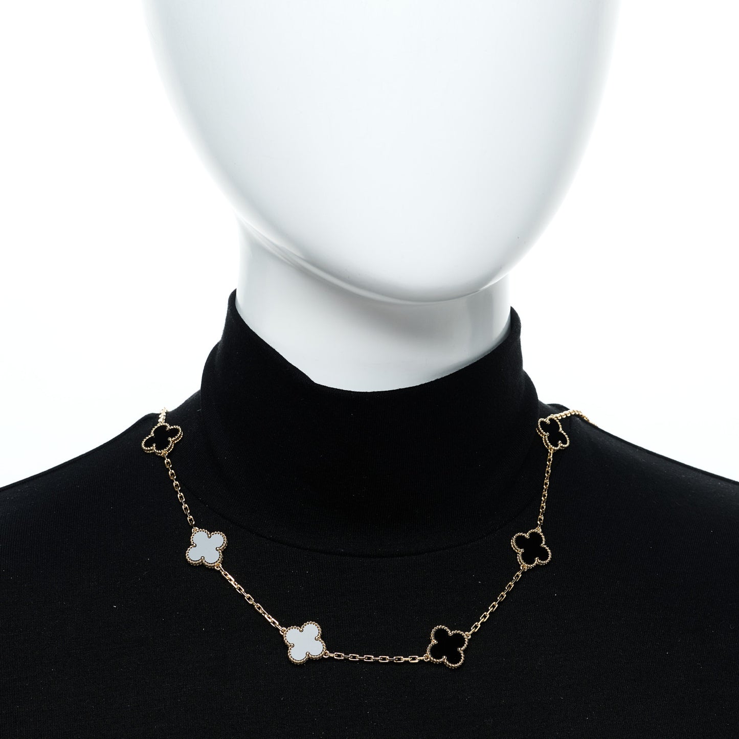 18K Yellow Gold Black Onyx 10 Motifs Vintage Alhambra Necklace