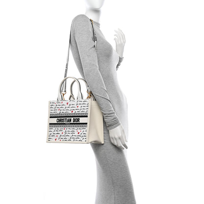 Christian Dior Calfskin Canvas Embroidered Small Dioramour Je Vous Adore Book Tote With Strap White Black Red 2 of 12