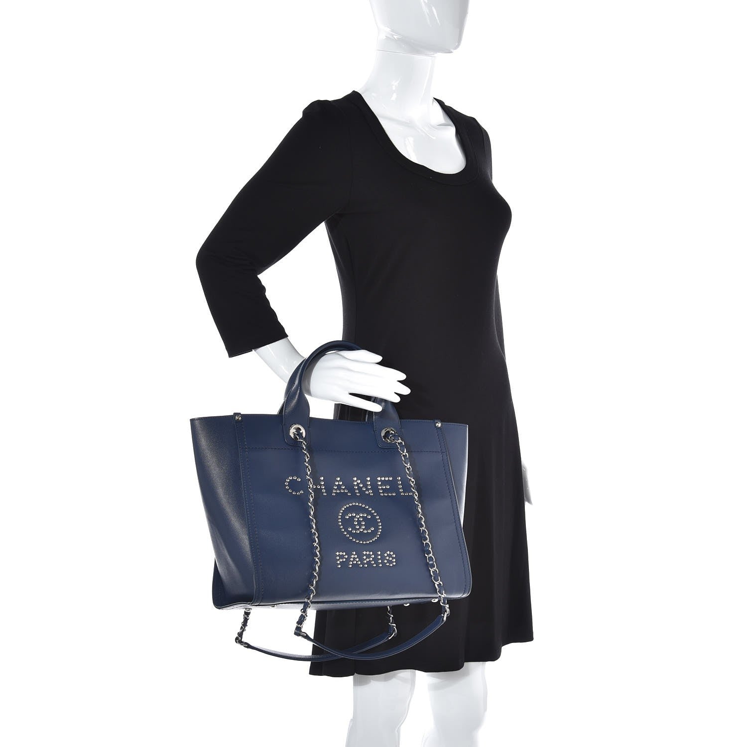 Chanel Caviar Small Studded Deauville Tote Navy 3 of 8