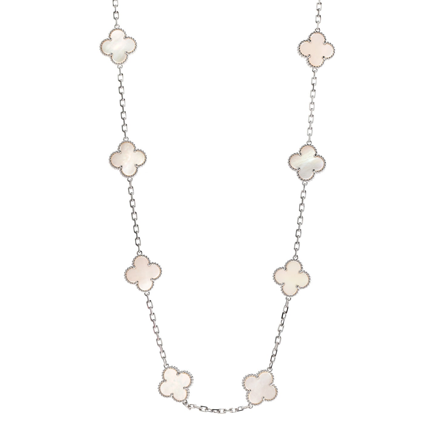 18K White Gold Mother of Pearl 20 Motifs Vintage Alhambra Necklace