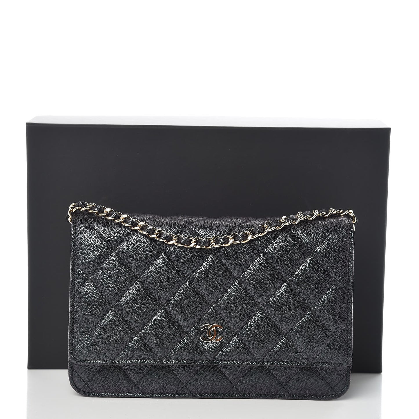 Iridescent Caviar Quilted Wallet On Chain WOC Black