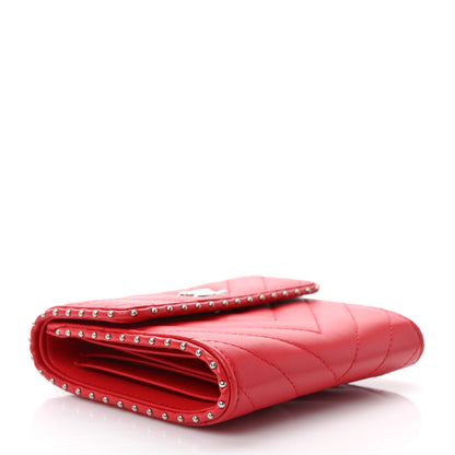 Chanel Lambskin Chevron Quilted Studded Compact Flap Wallet Red 5 of 9