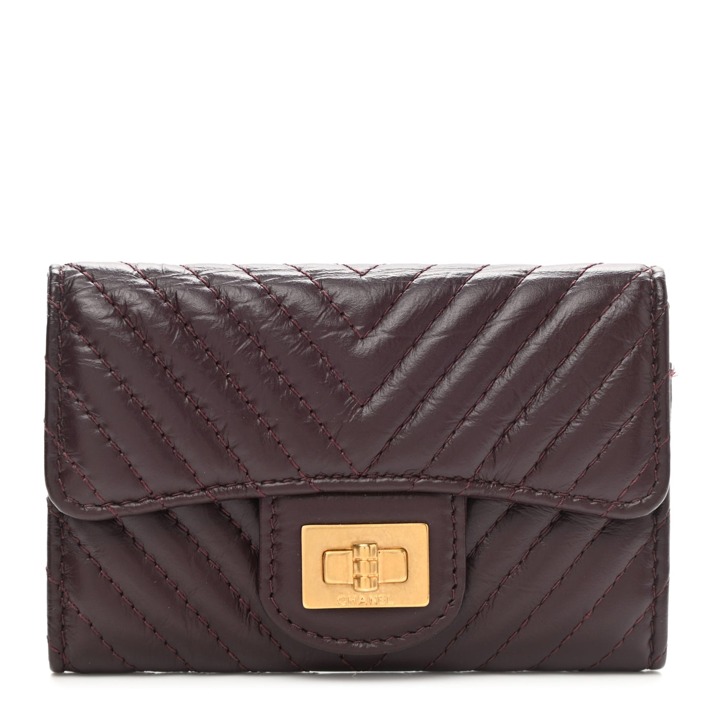 Aged Calfskin Chevron Quilted Small Reissue Flap Wallet Burgundy