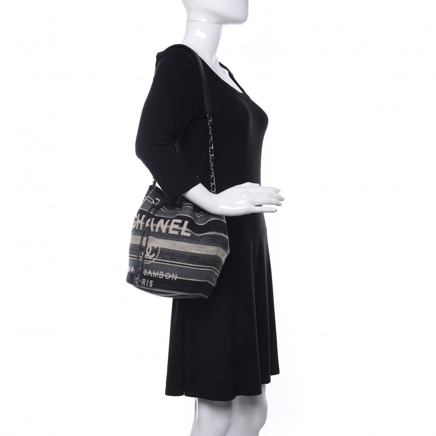 Striped Canvas Deauville Drawstring Bag Grey Black
