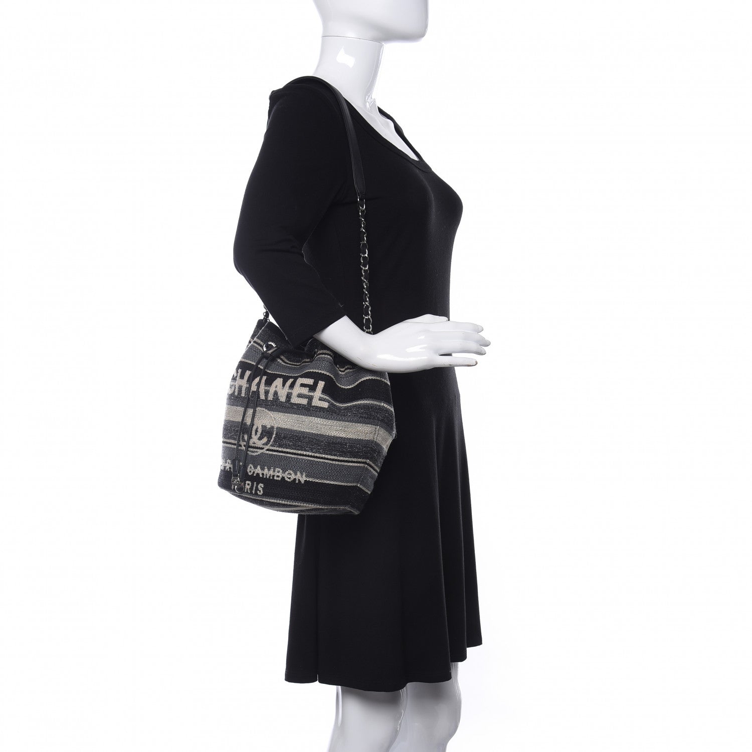 Chanel Striped Canvas Deauville Drawstring Bag Grey Black 2 of 11