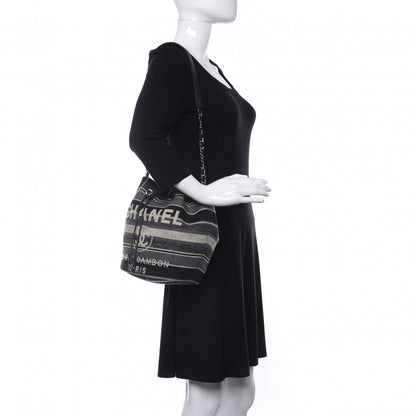 Chanel Striped Canvas Deauville Drawstring Bag Grey Black 2 of 11