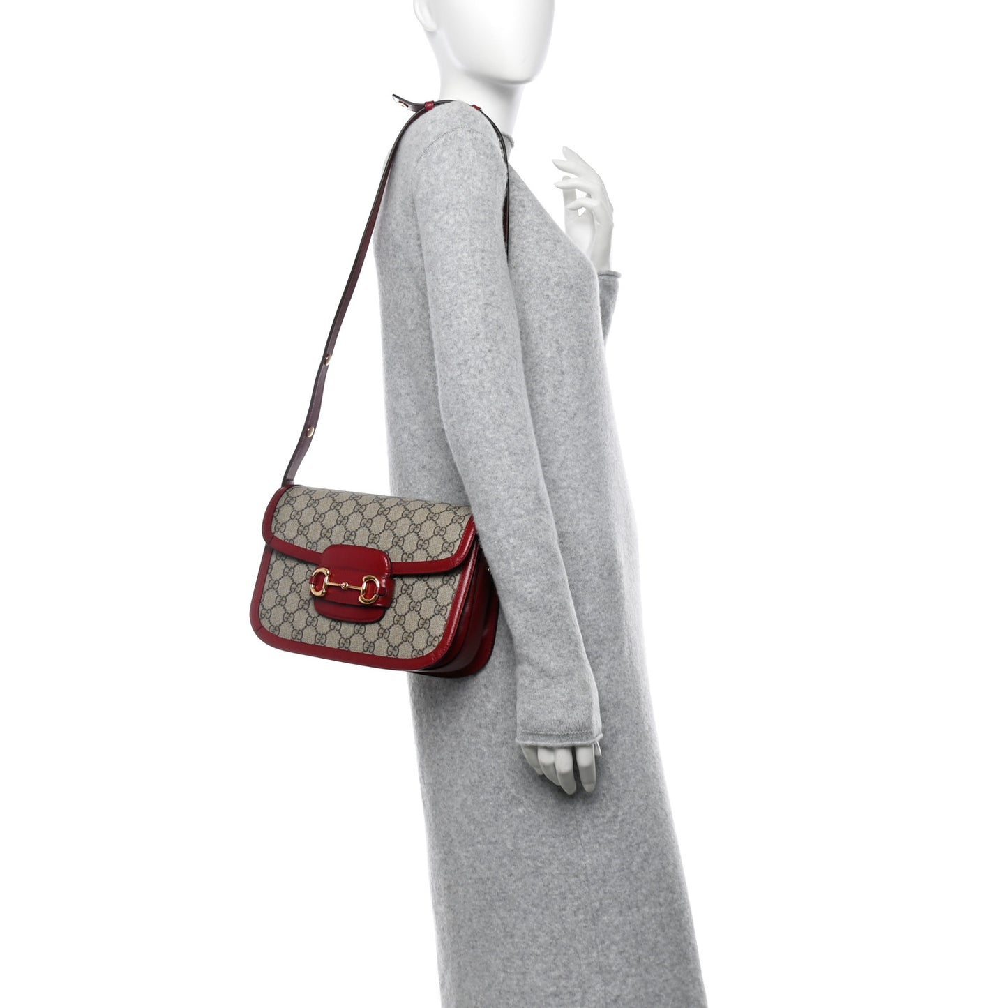 GG Supreme Monogram Azalea Calfskin Horsebit 1955 Shoulder Bag Beige Ebony New Cherry Red