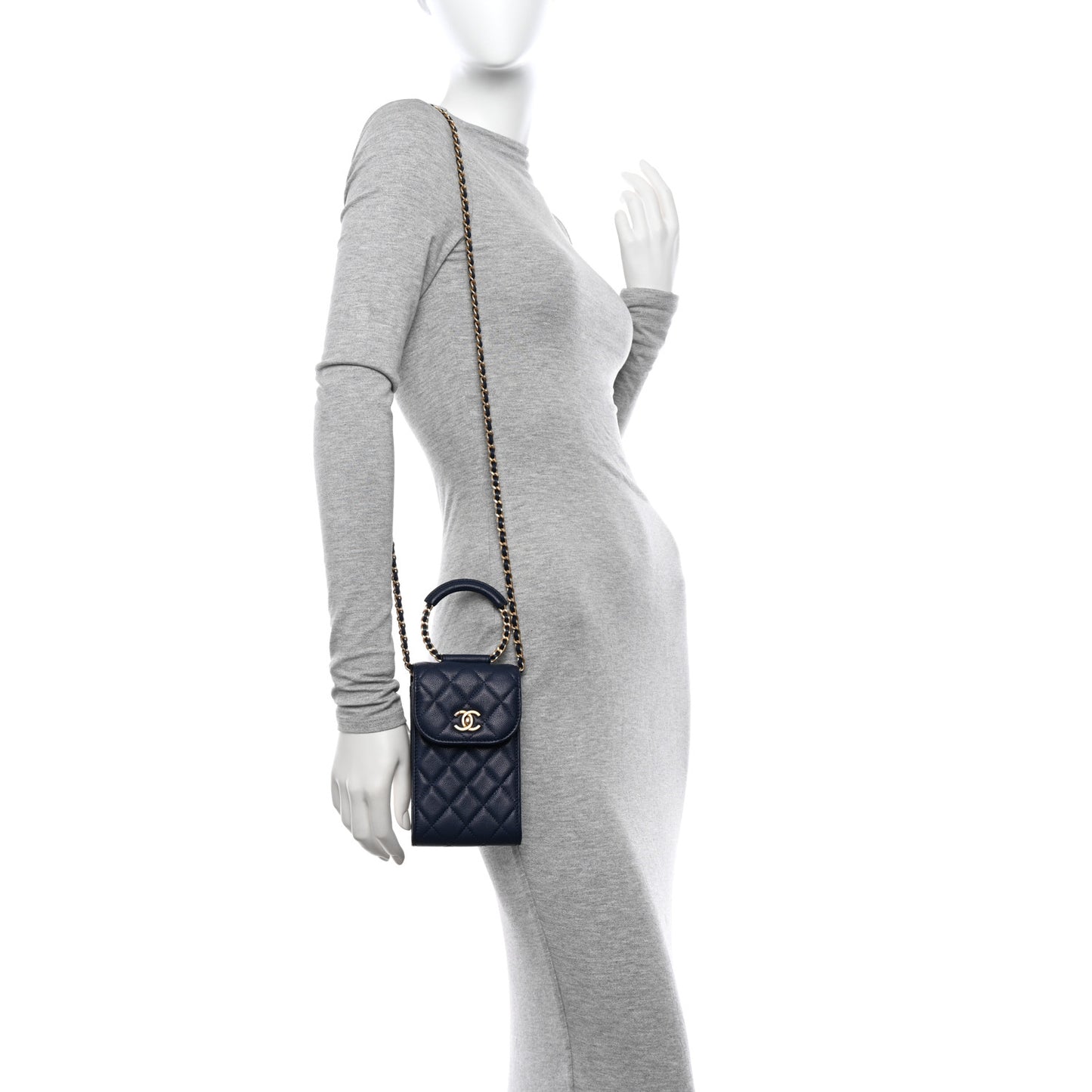 Caviar Quilted Chain Handle Round Phone Holder Dark Blue