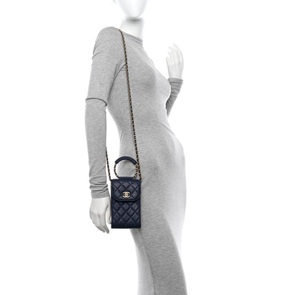 Chanel Caviar Quilted Chain Handle Round Phone Holder Dark Blue 2 of 12