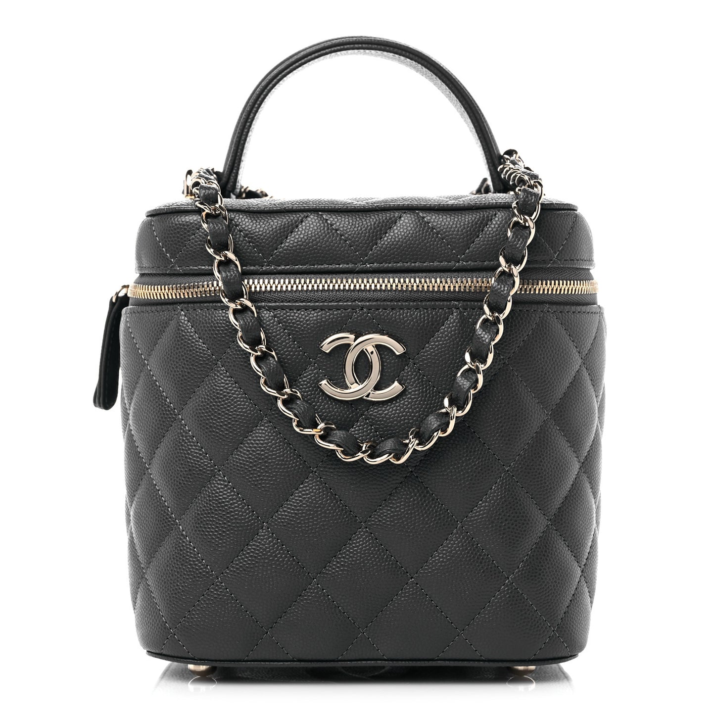 Caviar Quilted Small Top Handle Vanity Case With Chain Dark Grey