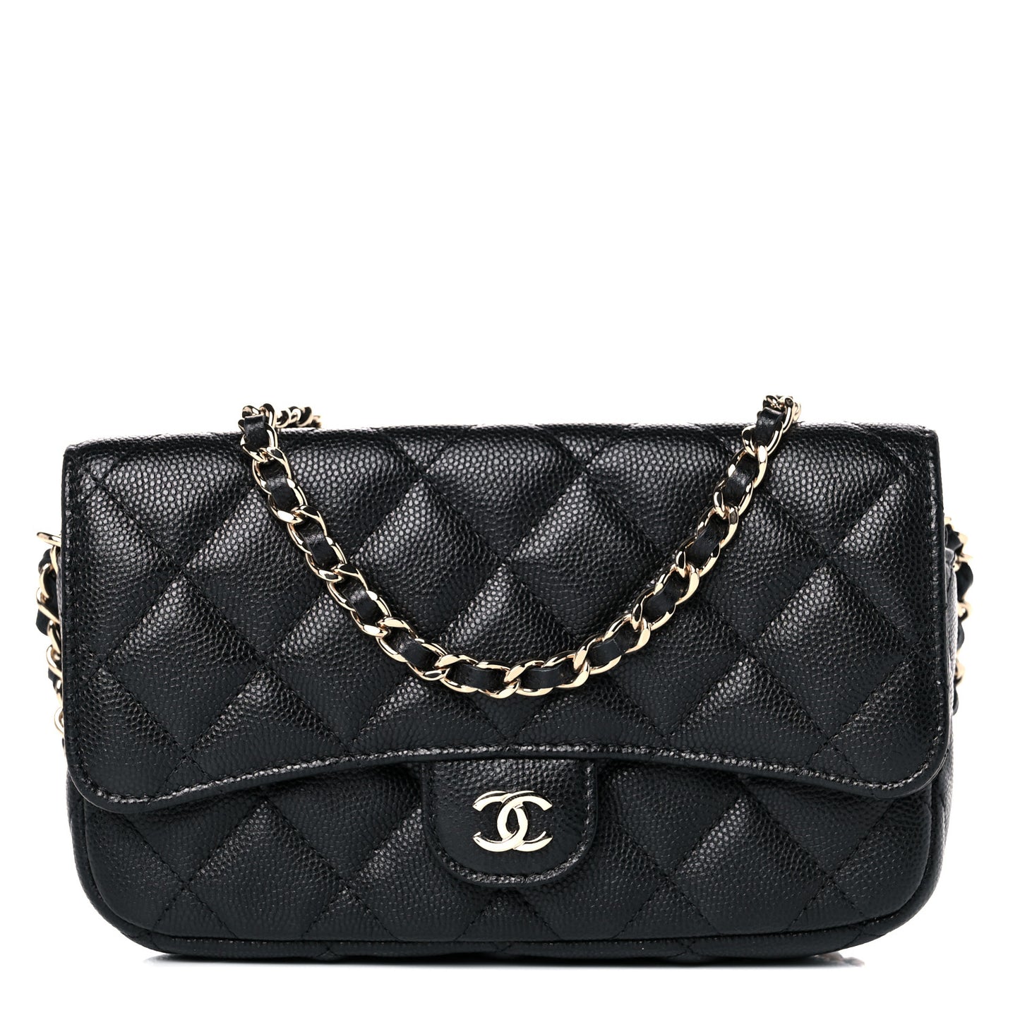 Caviar Quilted Flap Phone Holder With Chain Black