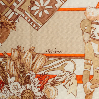 Hermes Cashmere Silk Kachinas Shawl 140 Orange Blanc Beige 4 of 6