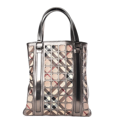 Burberry Metallic Calfskin Nova Check Patchwork Shopper Tote Pewter 1 of 15