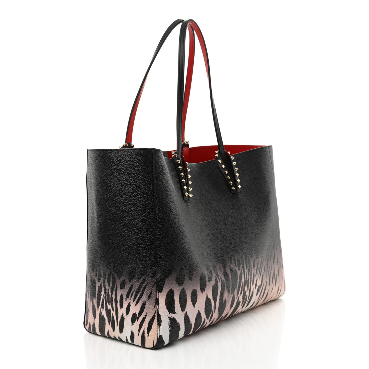 Calfskin Degrade Leopard Print Spikes East West Cabata Tote Black Pink Multi