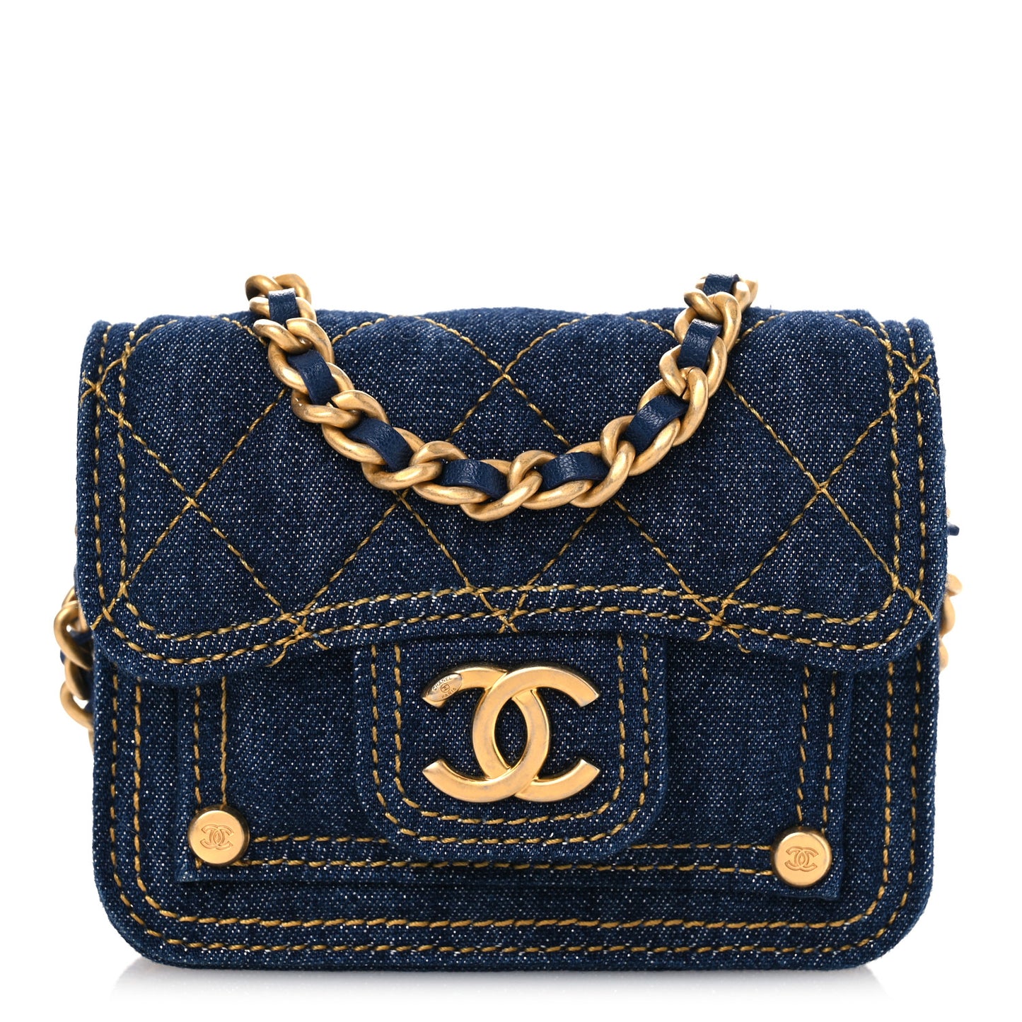 Denim Quilted Double You Card Holder On Chain Blue