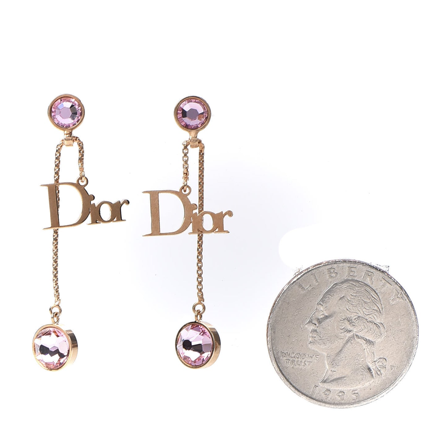 Crystal Dior Dangle Chain Earrings Gold Pink