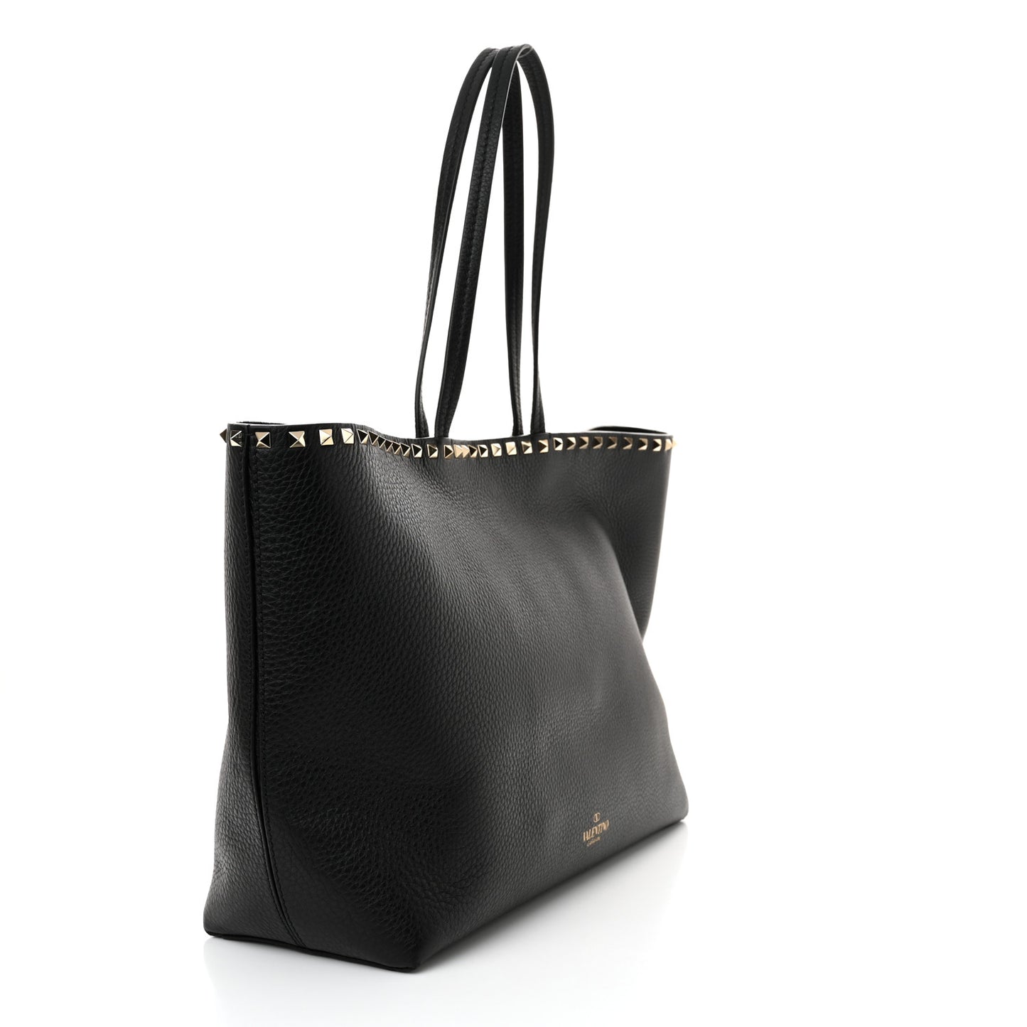Grained Calfskin Rockstud Shoulder Tote Black