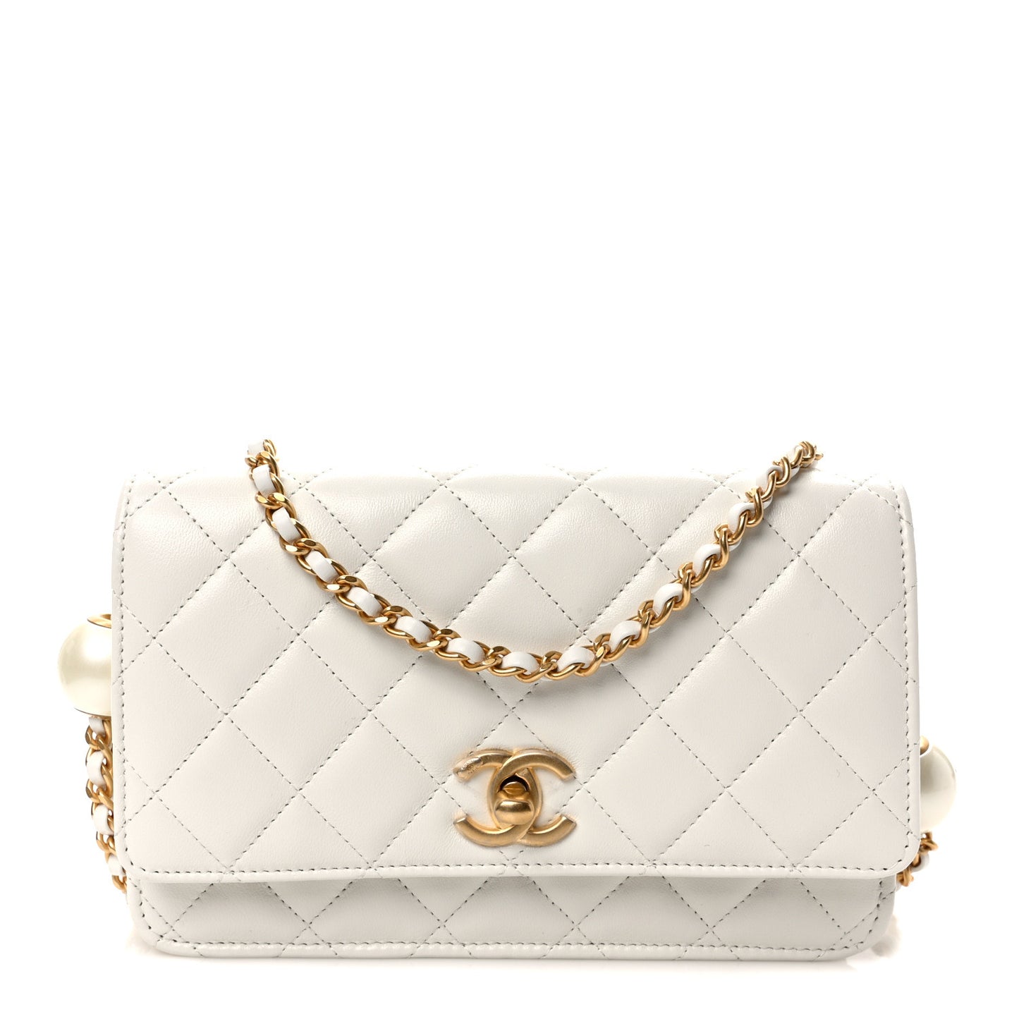 Lambskin Quilted Pearl Wallet On Chain WOC White