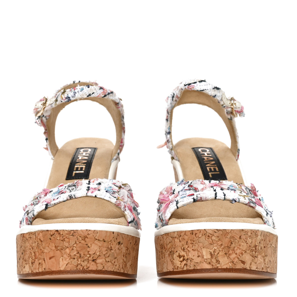 Tweed Cork CC Wedge Sandals 37.5 Ecru Pink Blue Green