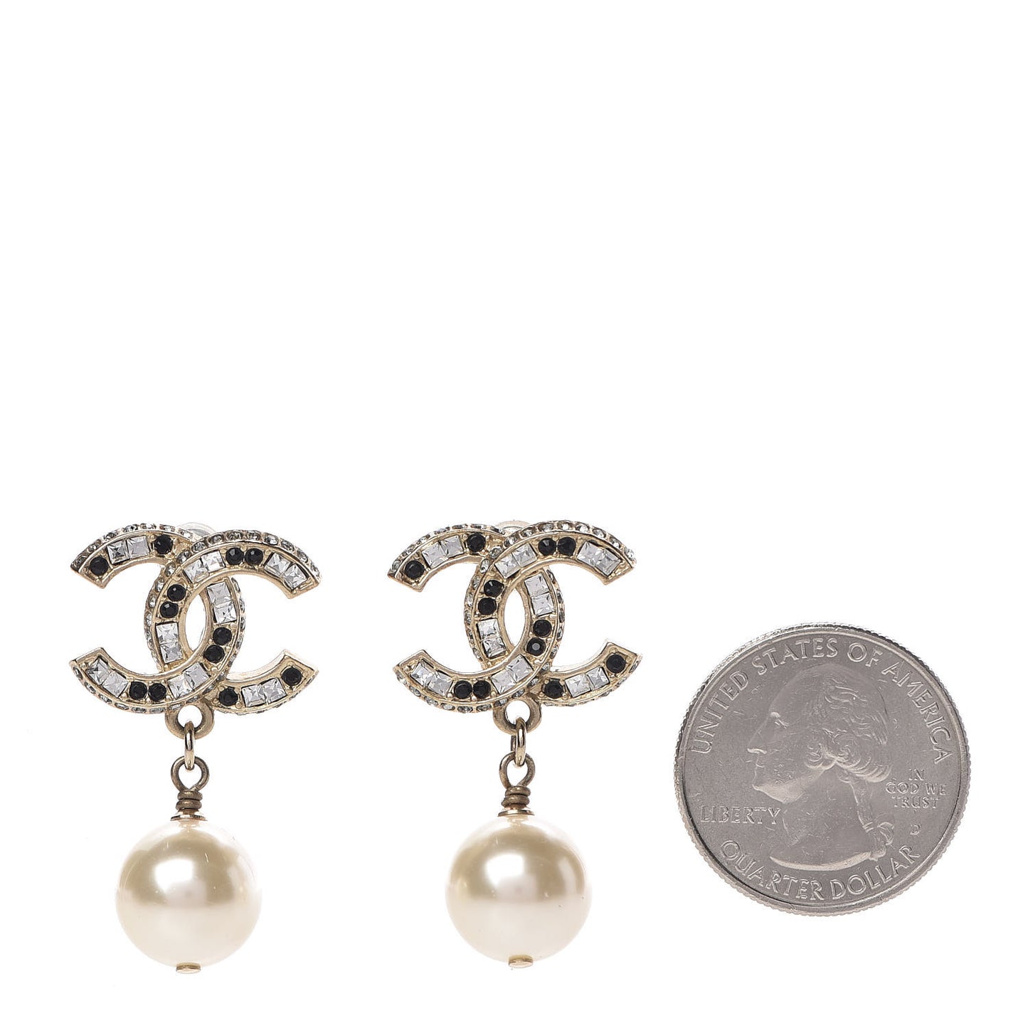 Pearl Crystal CC Drop Earrings Gold Black