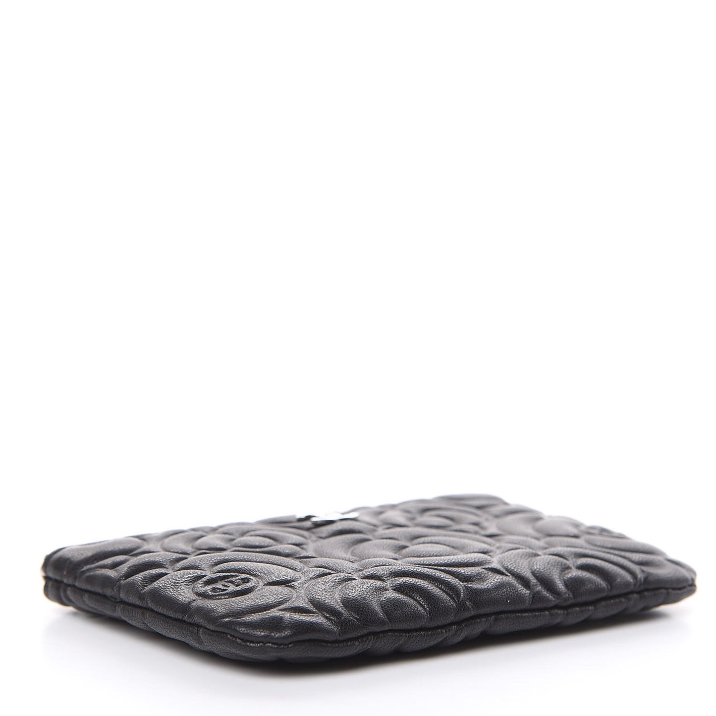 Goatskin Camellia Embossed Cosmetic Pouch Black