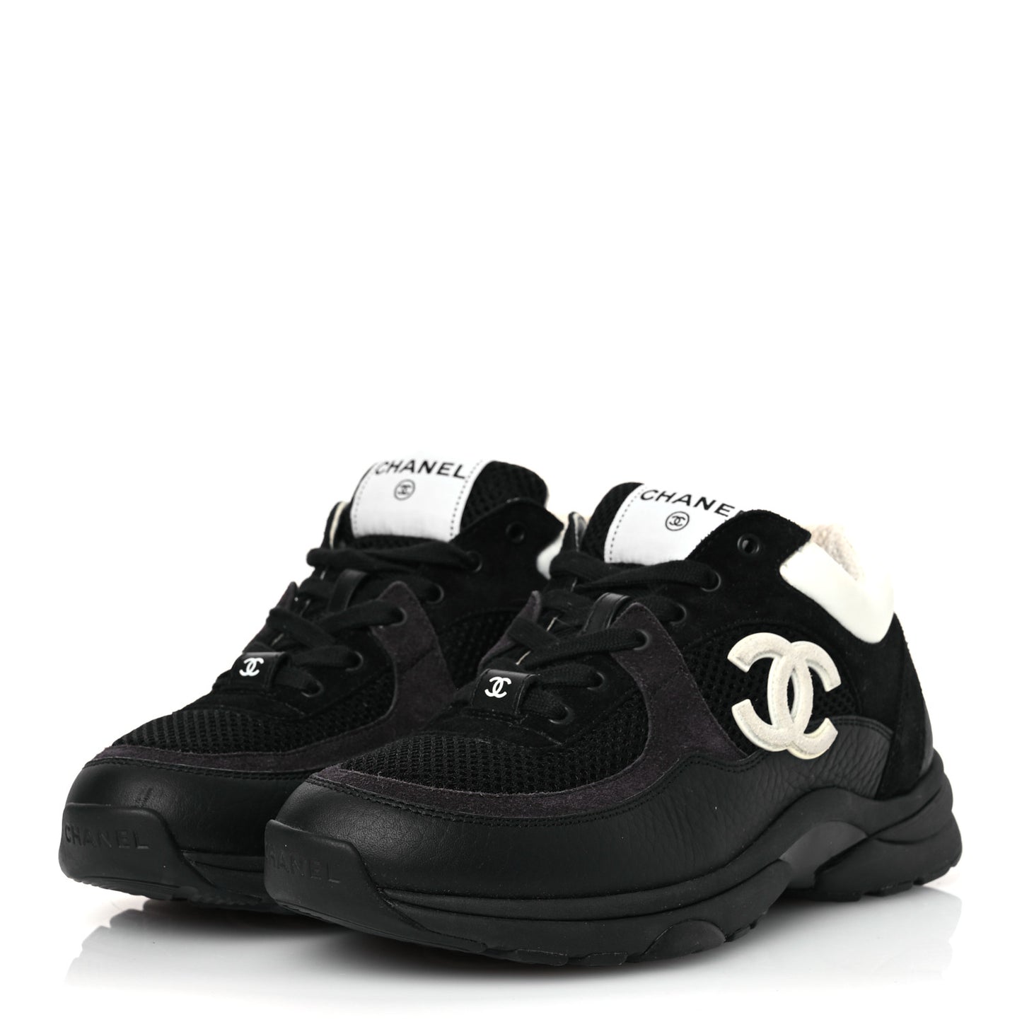 Mesh Suede Grained Calfskin Womens CC Sneakers 37 Black White