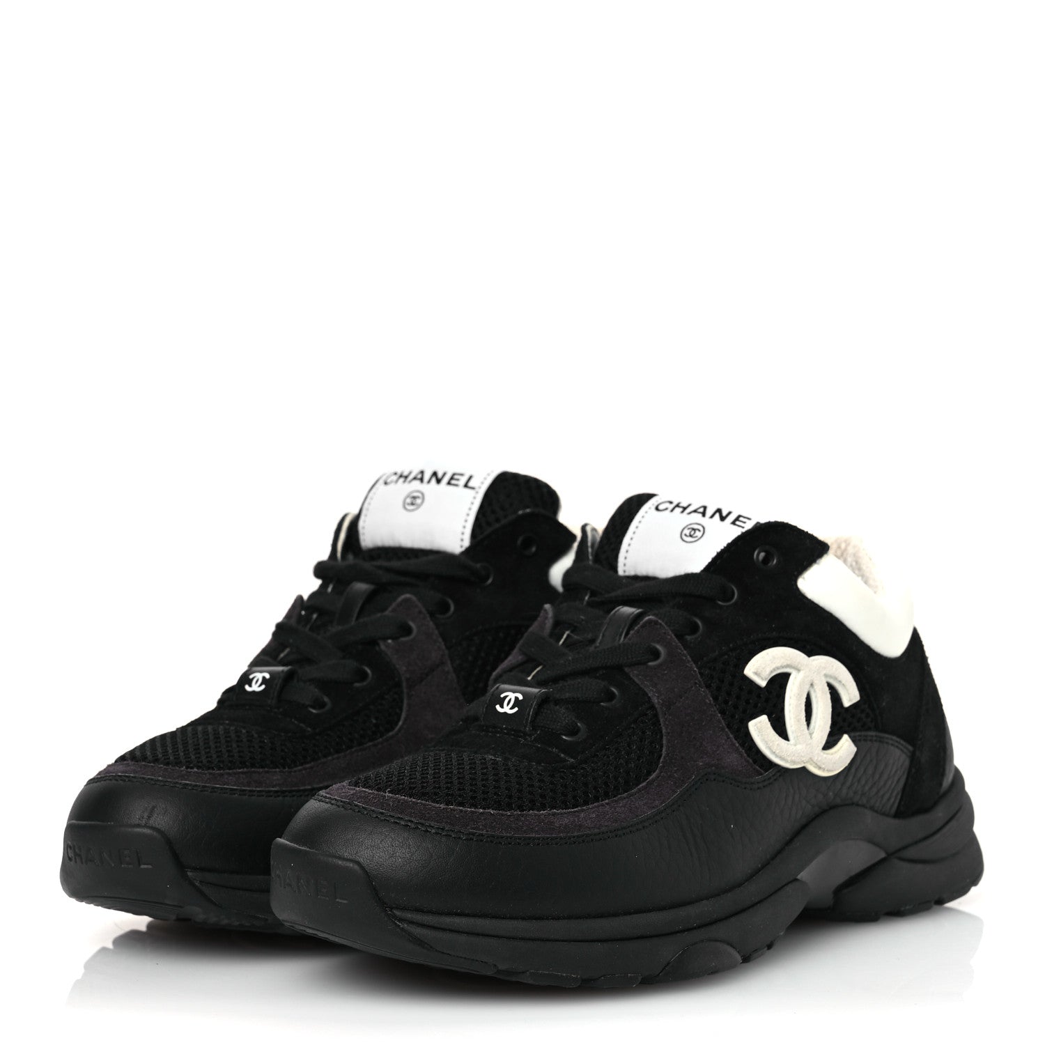 Chanel Mesh Suede Grained Calfskin Womens CC Sneakers 37 Black White 4 of 11