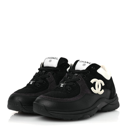 Chanel Mesh Suede Grained Calfskin Womens CC Sneakers 37 Black White 4 of 11