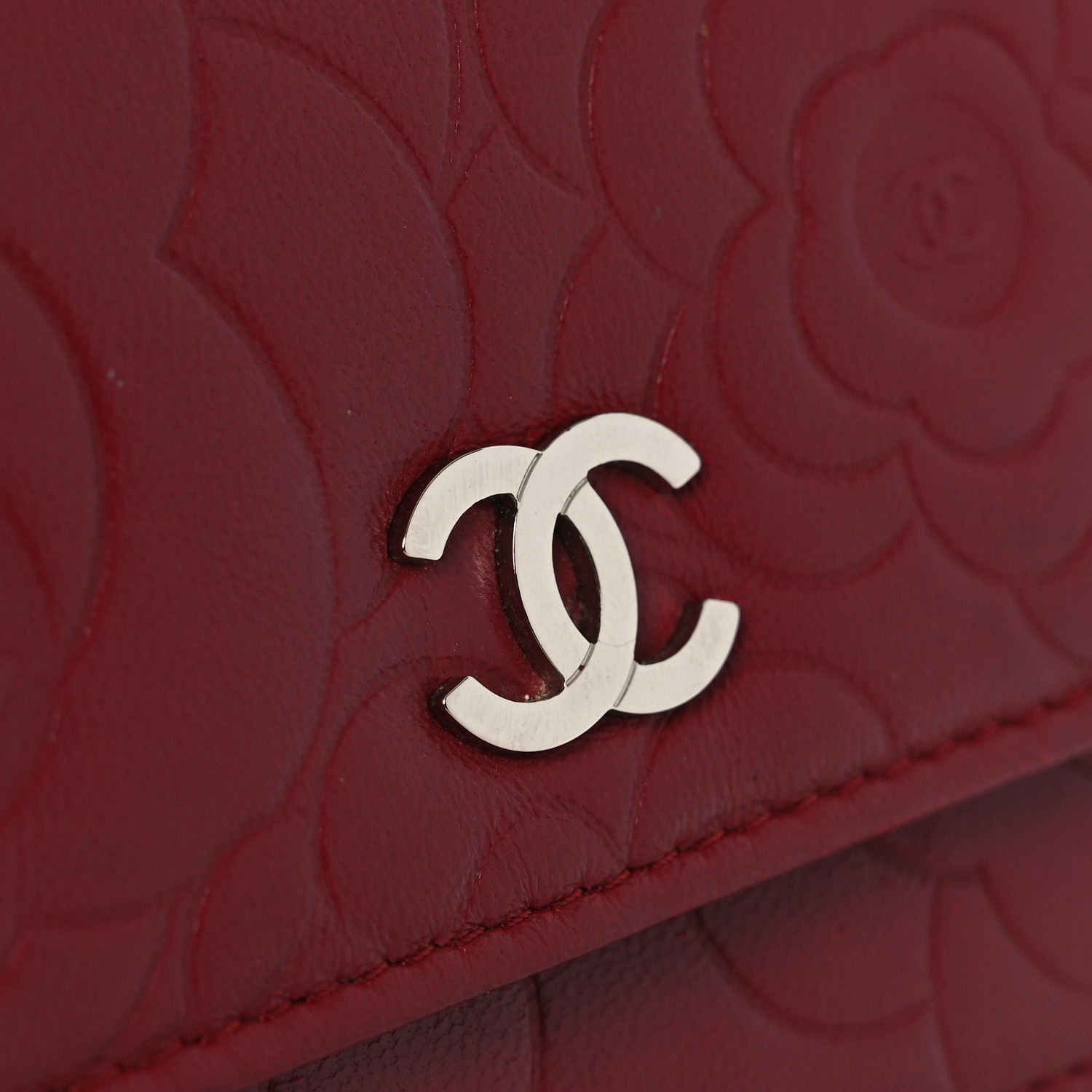 Chanel Lambskin Camellia Embossed Wallet on Chain WOC Red 12 of 14