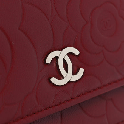 Chanel Lambskin Camellia Embossed Wallet on Chain WOC Red 12 of 14