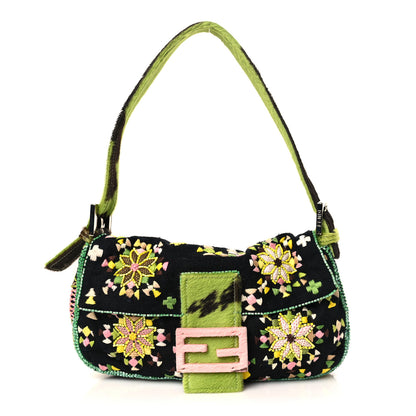 Fendi Satin Calf Hair Beaded Baguette Green Multicolor 1 of 8
