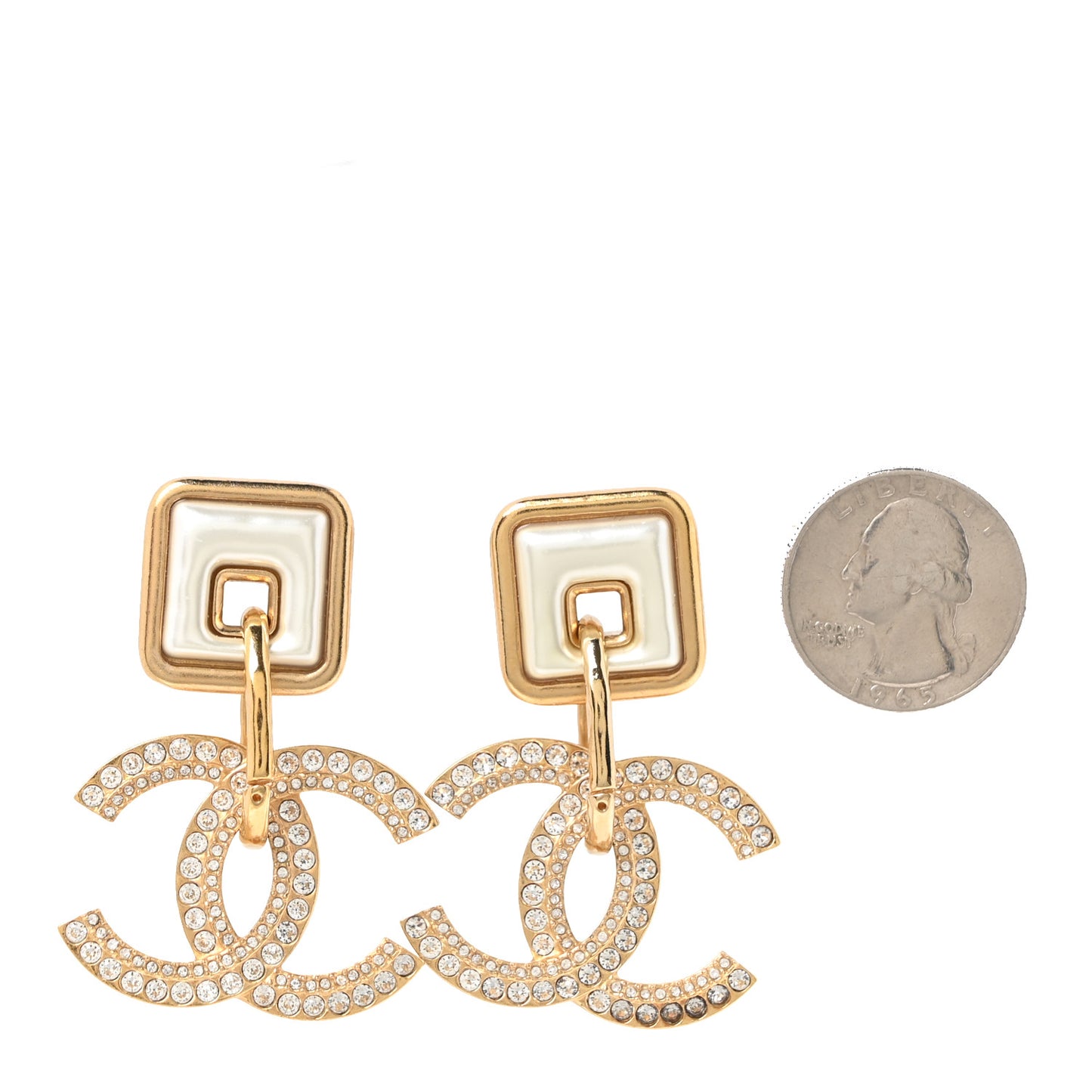 Crystal Pearl CC Square Drop Earrings Gold Pearly White