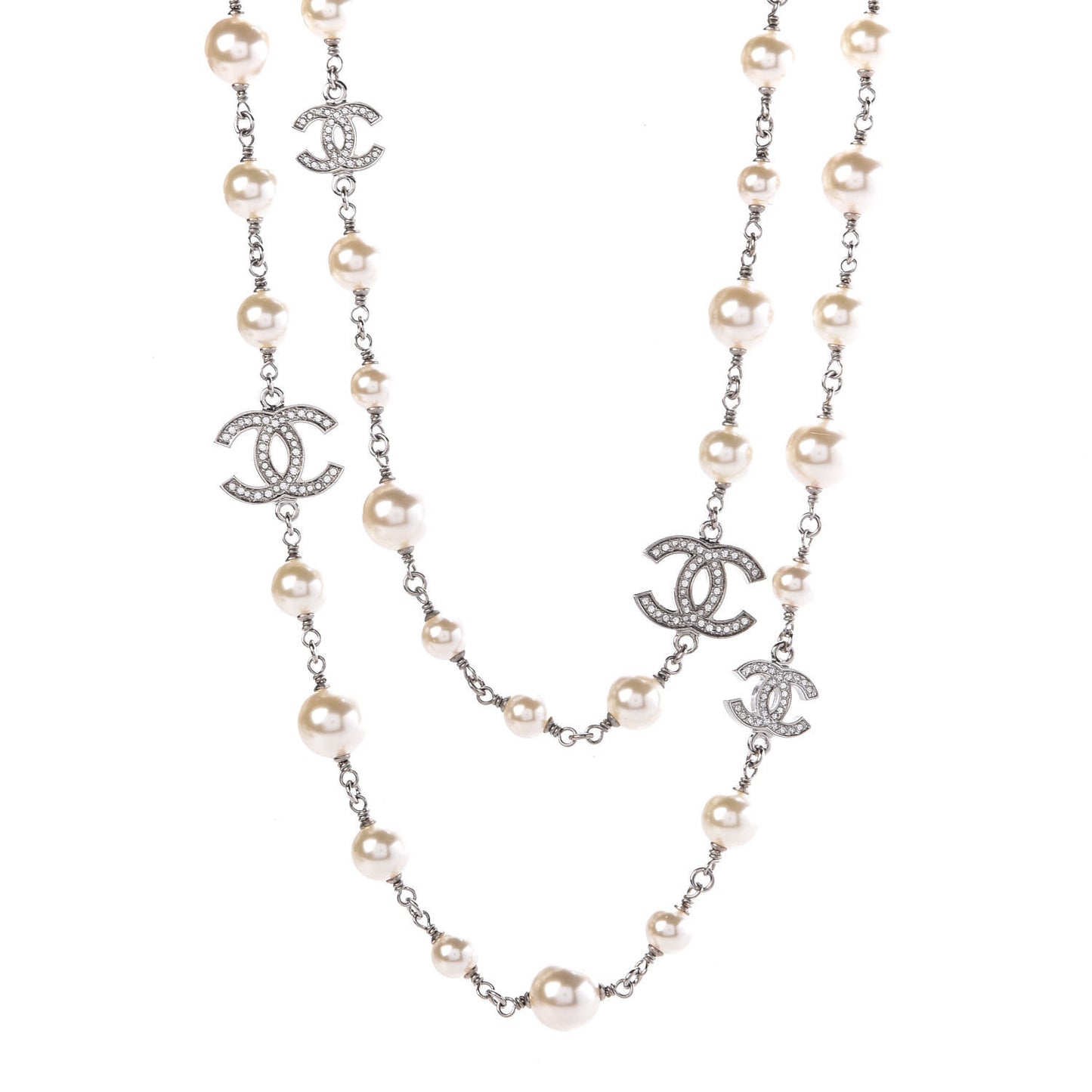Crystal Pearl CC Long Necklace Silver