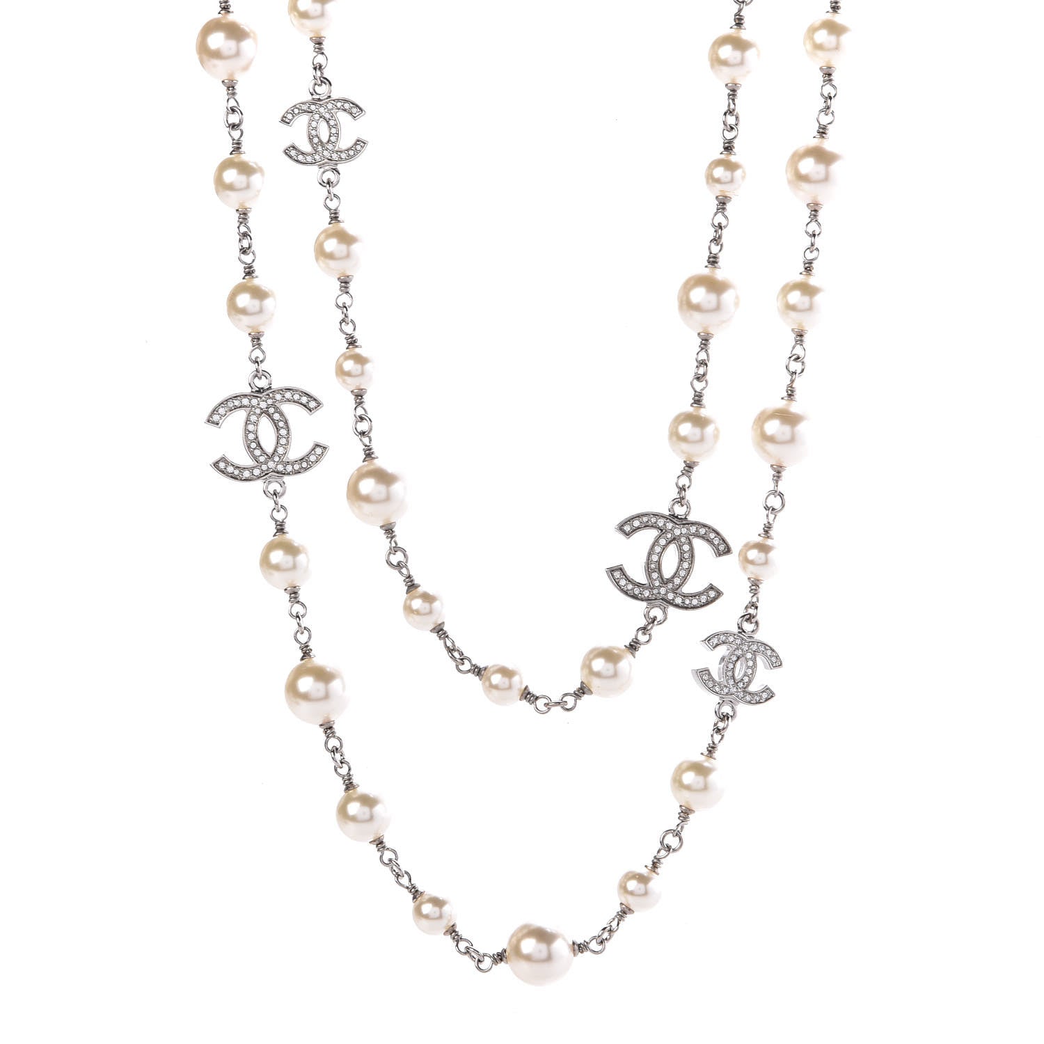 Chanel Crystal Pearl CC Long Necklace Silver 1 of 6