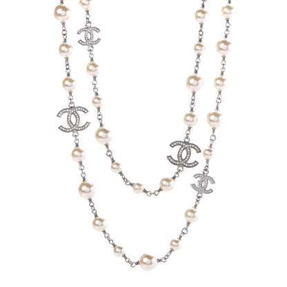 Chanel Crystal Pearl CC Long Necklace Silver 1 of 6