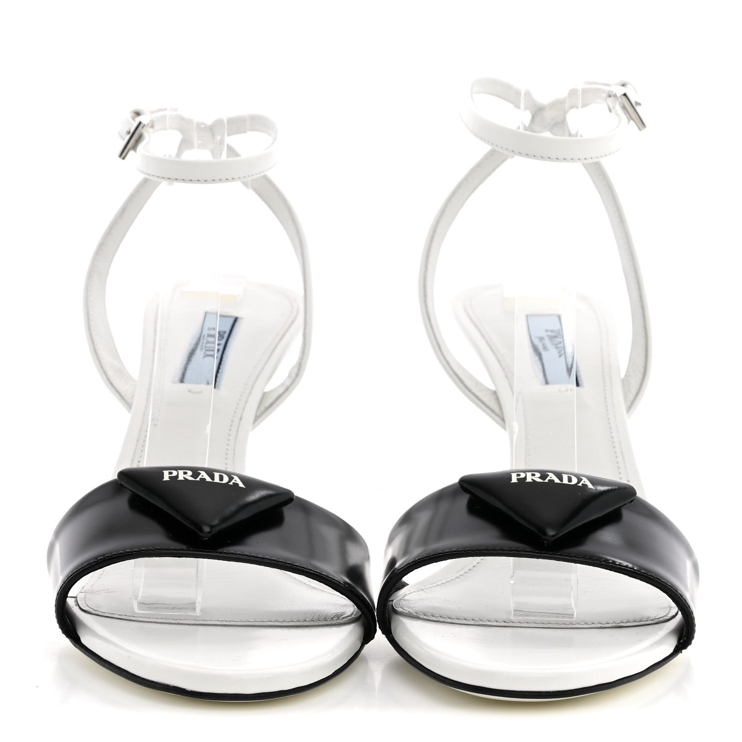 Prada Spazzolato Metal Triangle Logo Ankle Strap 100mm Sandals 36.5 Black White 3 of 10