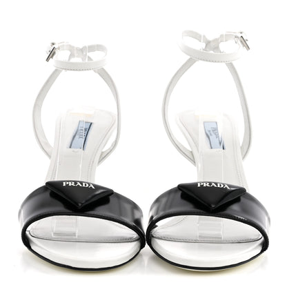 Prada Spazzolato Metal Triangle Logo Ankle Strap 100mm Sandals 36.5 Black White 3 of 10