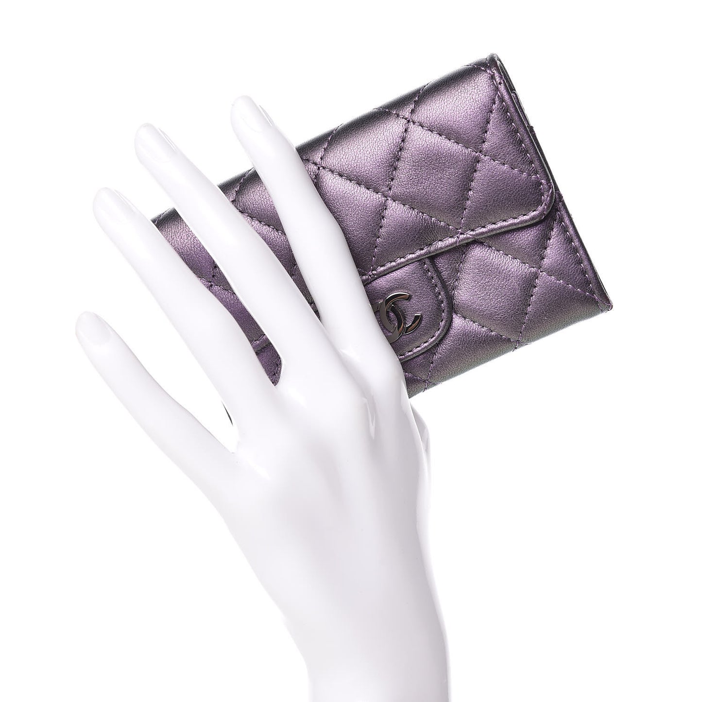 Metallic Lambskin Quilted Flap Card Holder Dark Purple