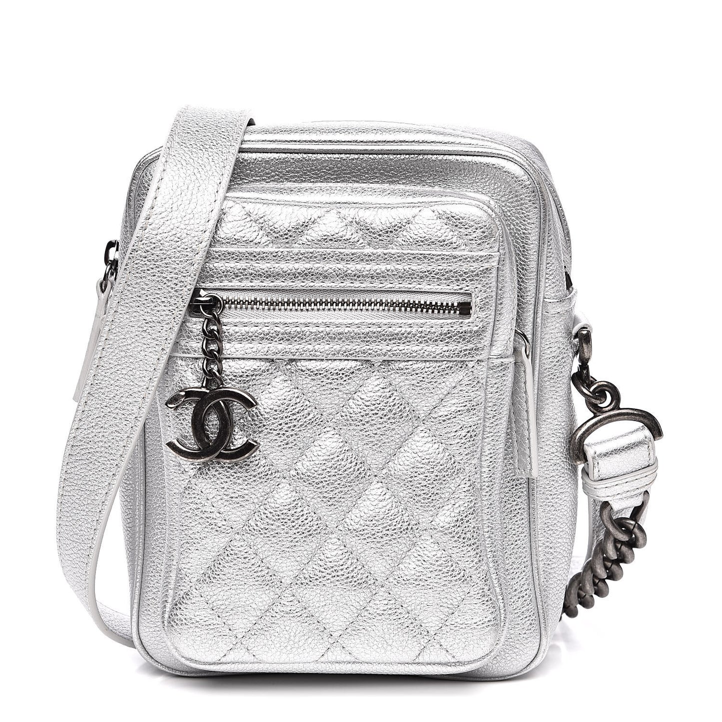 Metallic Calfskin Camera Case Silver