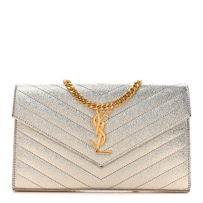 Saint Laurent Metallic Crackled Calfskin Matelasse Chevron Monogram Chain Wallet Gold 1 of 17