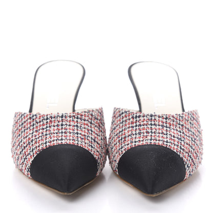 Chanel Tweed Grosgrain Pearl Cap Toe Mules 37 Black Red 2 of 9