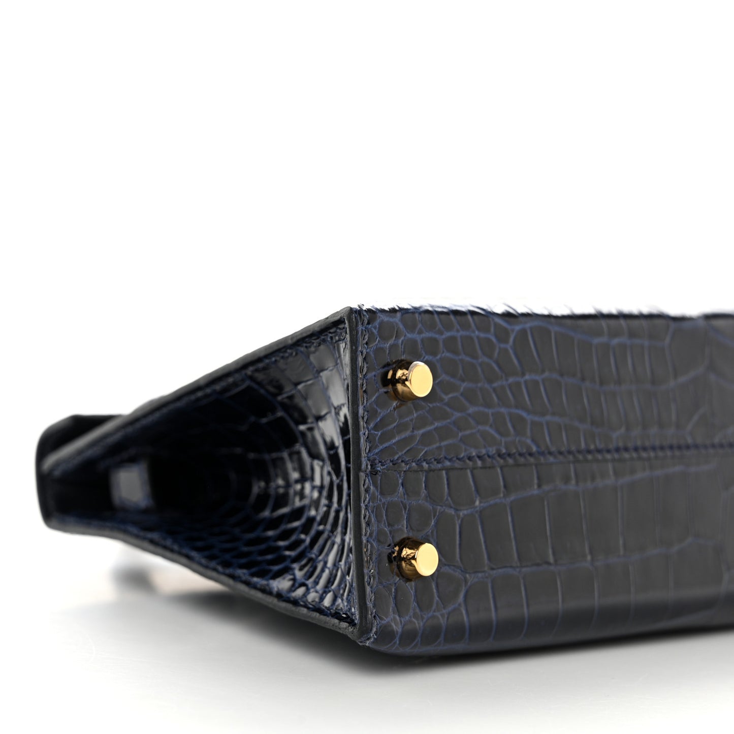 Shiny Porosus Crocodile Mini Kelly Sellier 20 Havane Bleu Marine