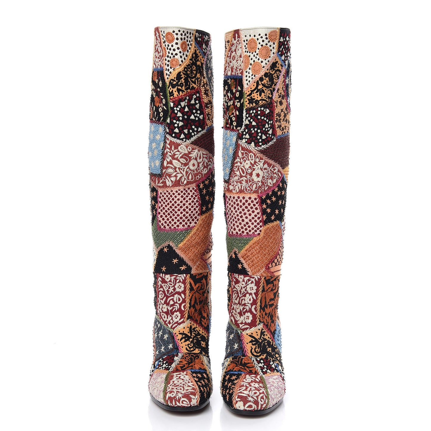 Embroidered Diorage Patchwork Knee High Boots 37 Multicolor
