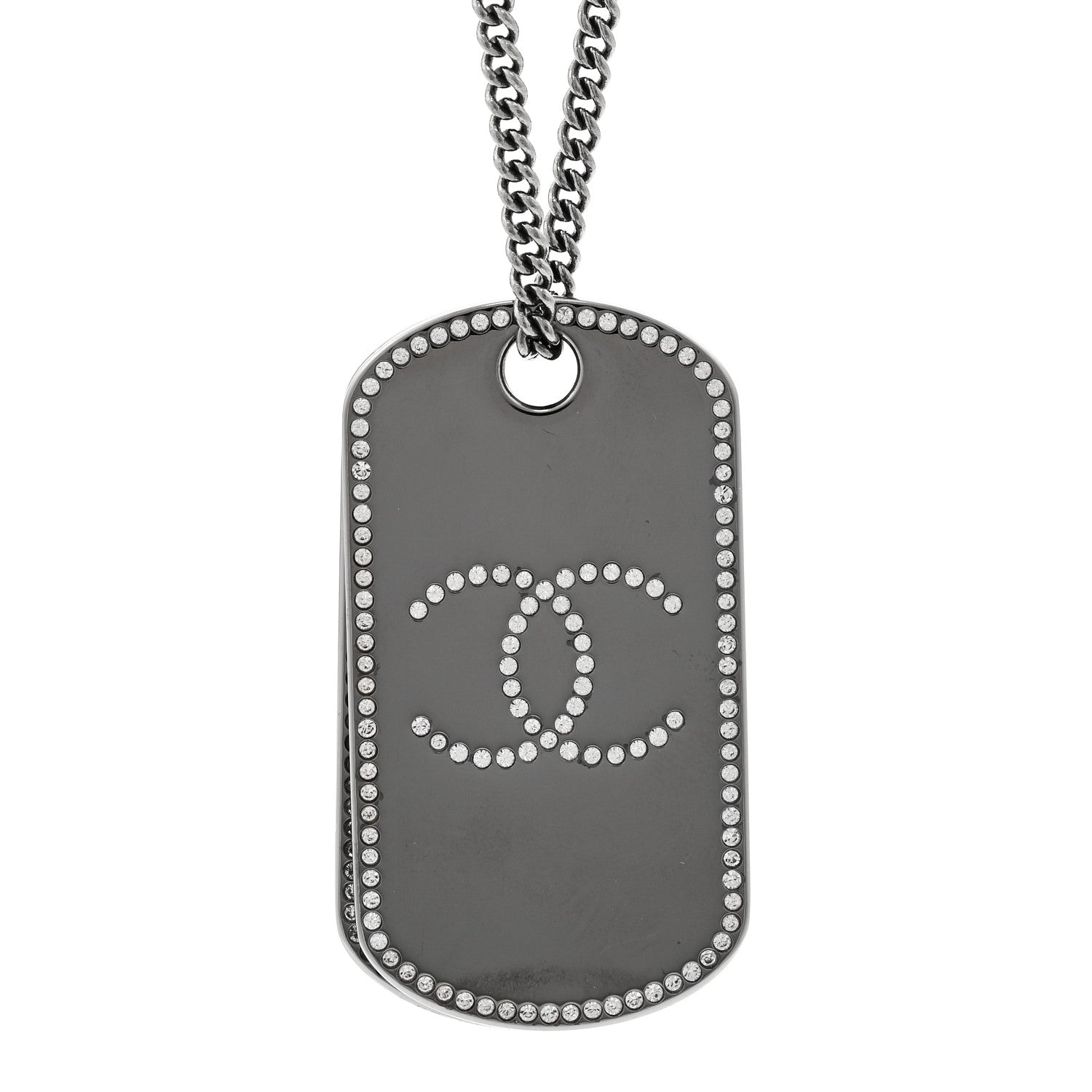 Chanel Metal Crystal Ruthenium Dog Tag Charm Necklace Black 4 of 6