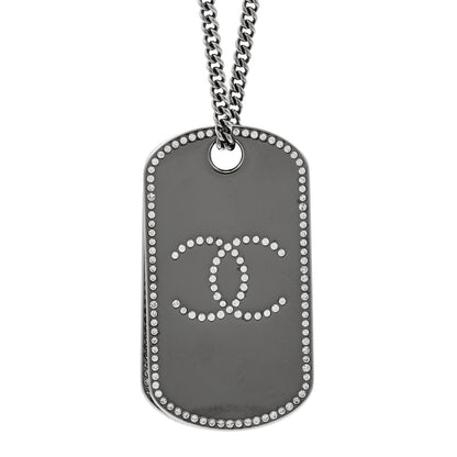 Chanel Metal Crystal Ruthenium Dog Tag Charm Necklace Black 4 of 6