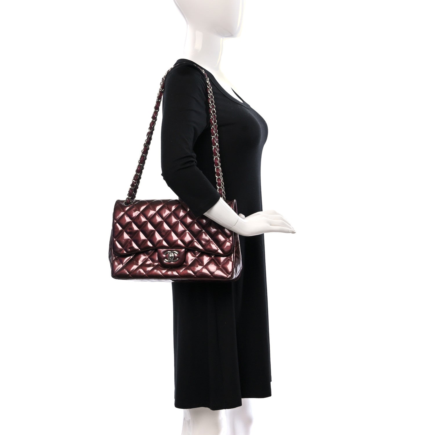 Chanel Striated Patent Quilted Jumbo Double Flap Burgundy 2 of 9