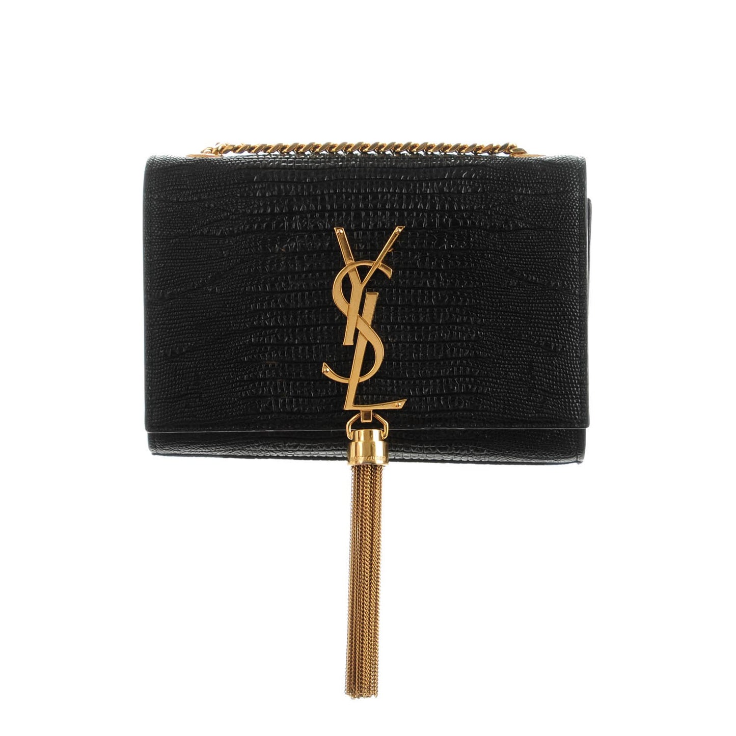 Lizard Calfskin Embossed Small Classic Monogram Kate Tassel Satchel Black